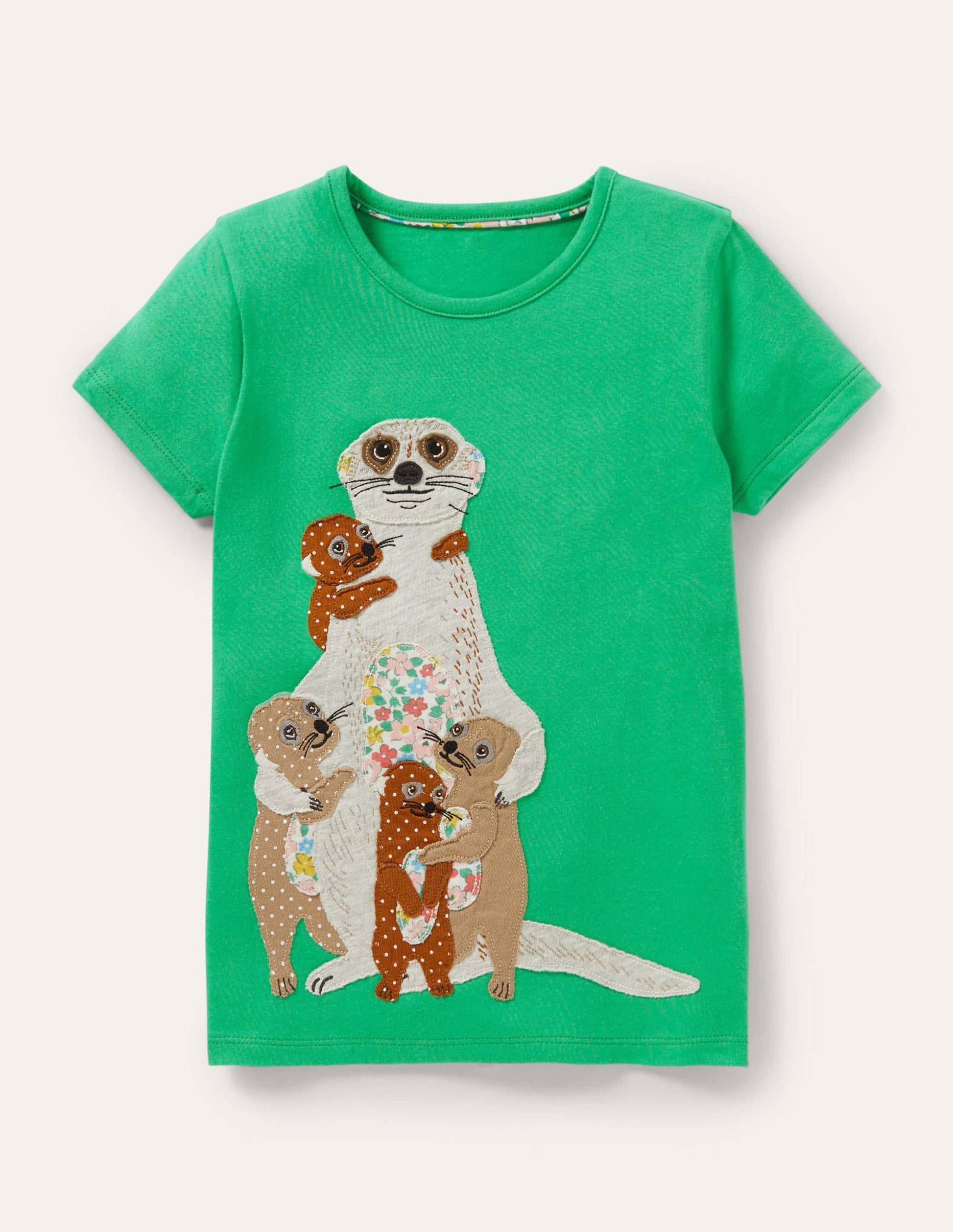 Short-sleeved Appliqué T-shirt-Aloe Green Meerkats-1