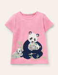 Short-sleeved Appliqué T-shirt-Bright Petal Pink Pandas