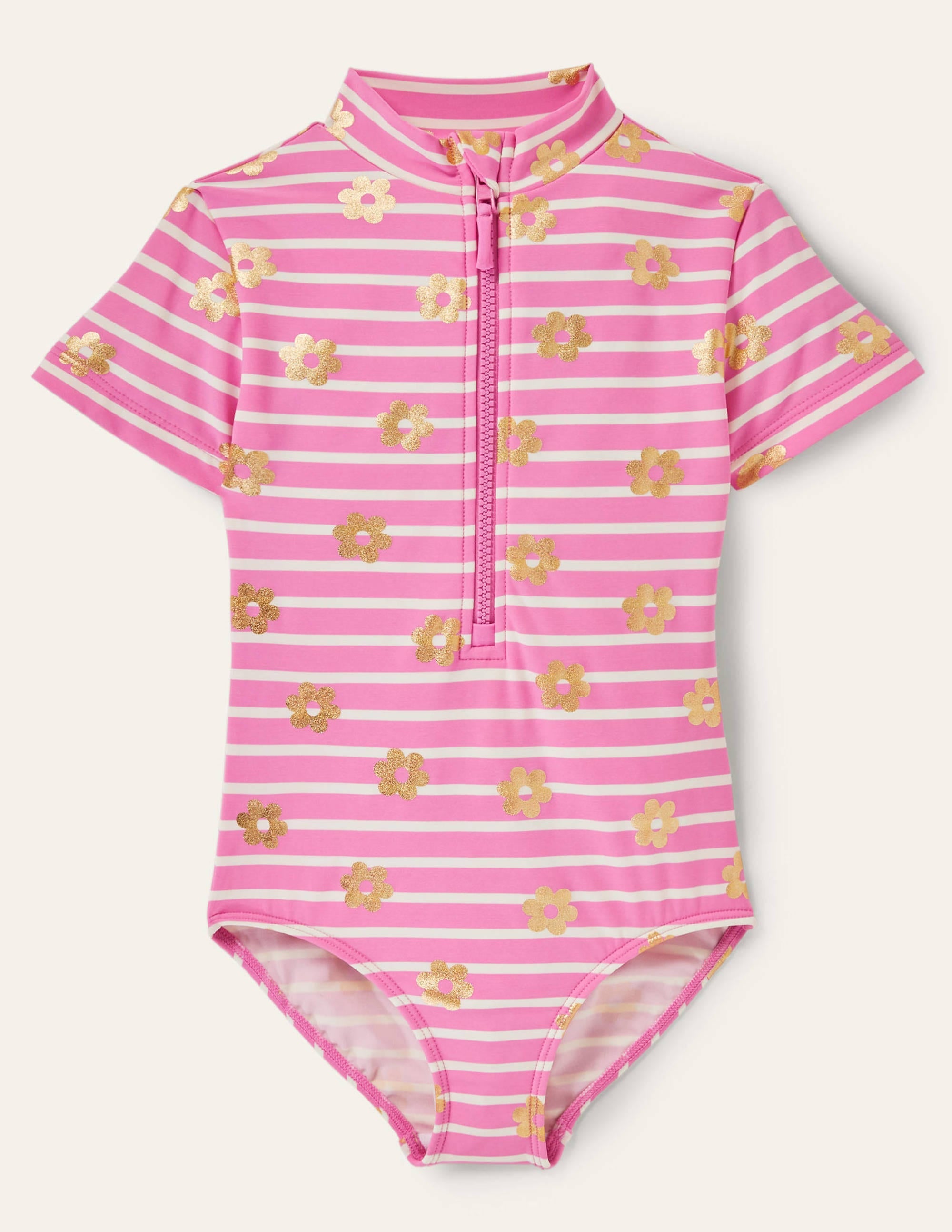 Short-sleeved Swimsuit-Strawberry Pink Foil Daisy - Image 1