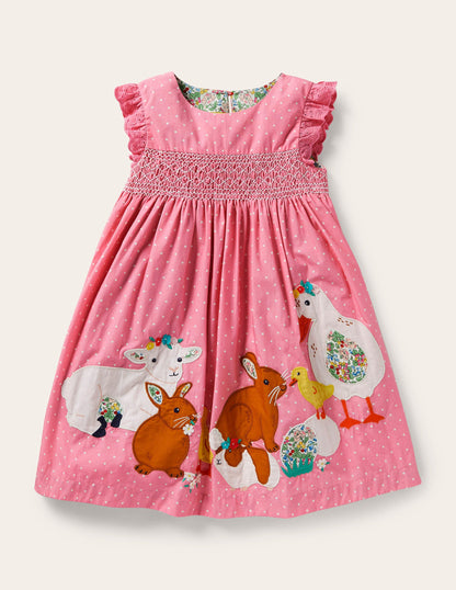 Smocked Appliqué Dress-Formica Pink Spot Animals