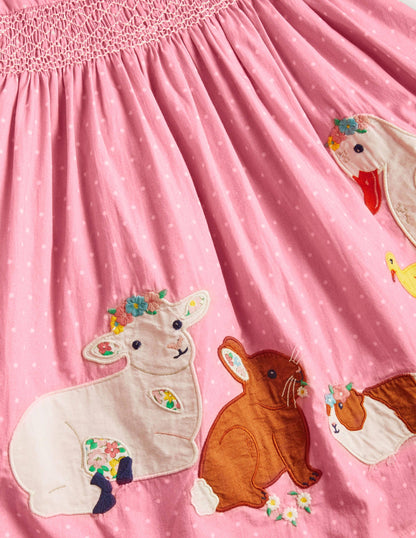 Smocked Appliqué Dress-Formica Pink Spot Animals