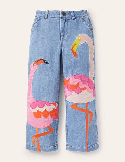 Appliqué Jeans-Mid Vintage Denim Flamingo