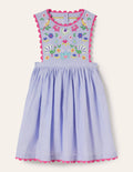 Woven Pinafore Dress-Blue Multi Embroidery