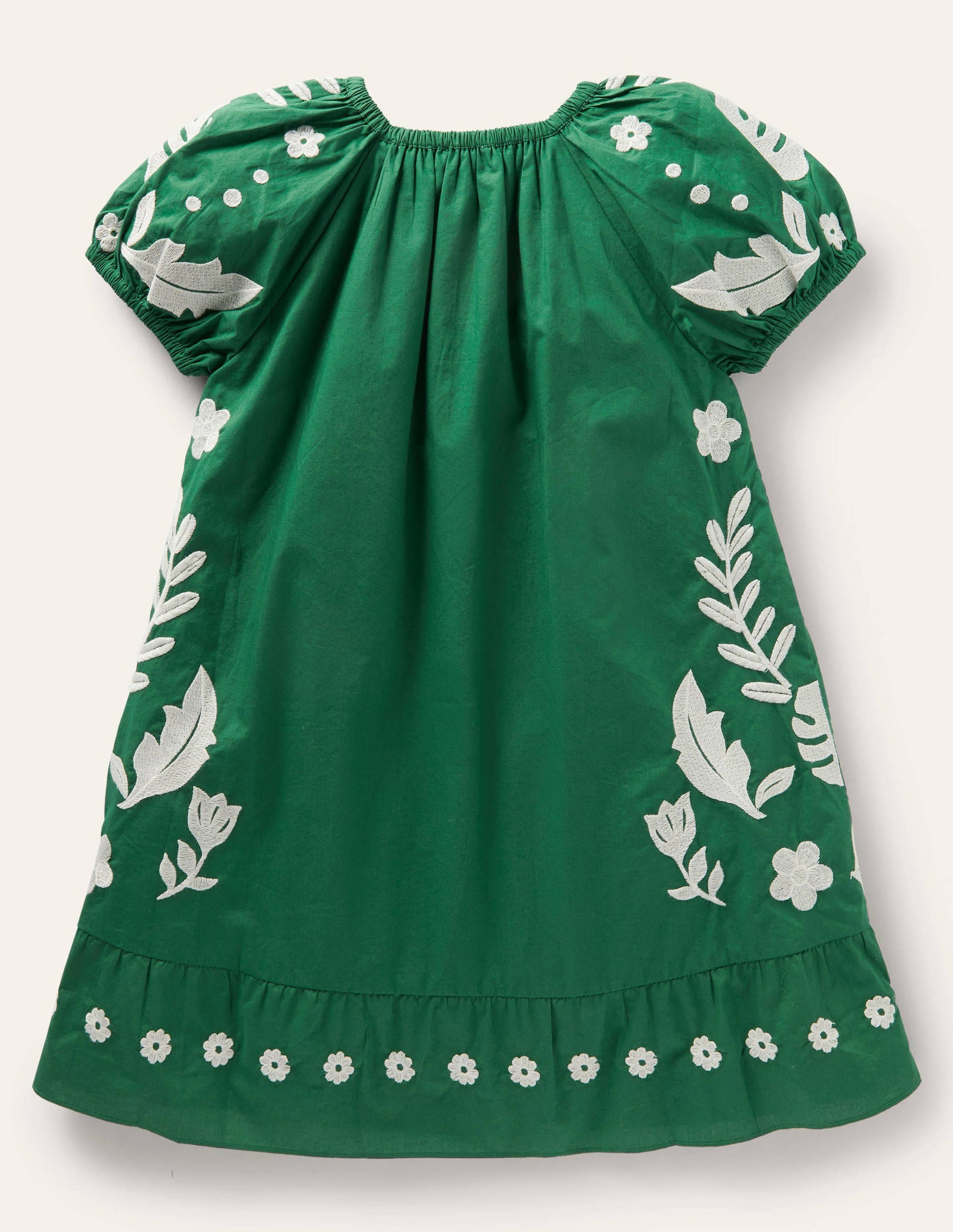 Puff Sleeve Embroidered Dress-Green Pepper Birds-2