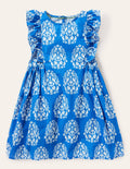 Frill Sleeve Printed Dress-Bright Marina Blue Woodblock