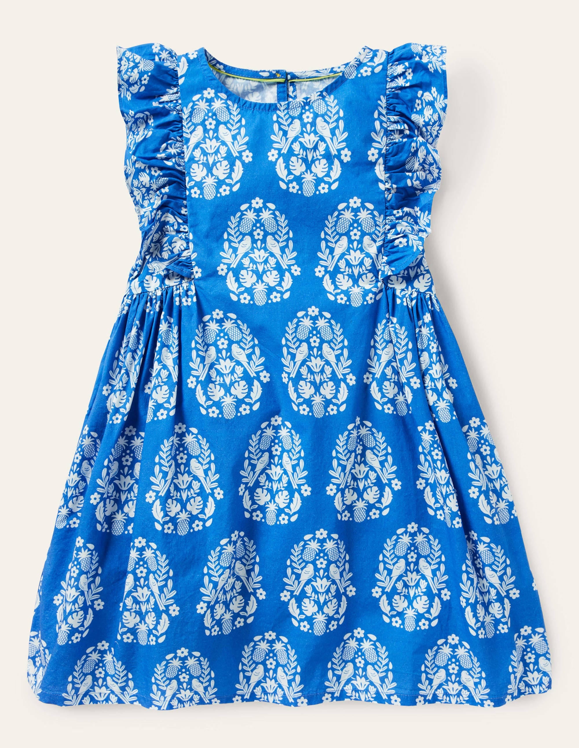 Frill Sleeve Printed Dress-Bright Marina Blue Woodblock - Image 1