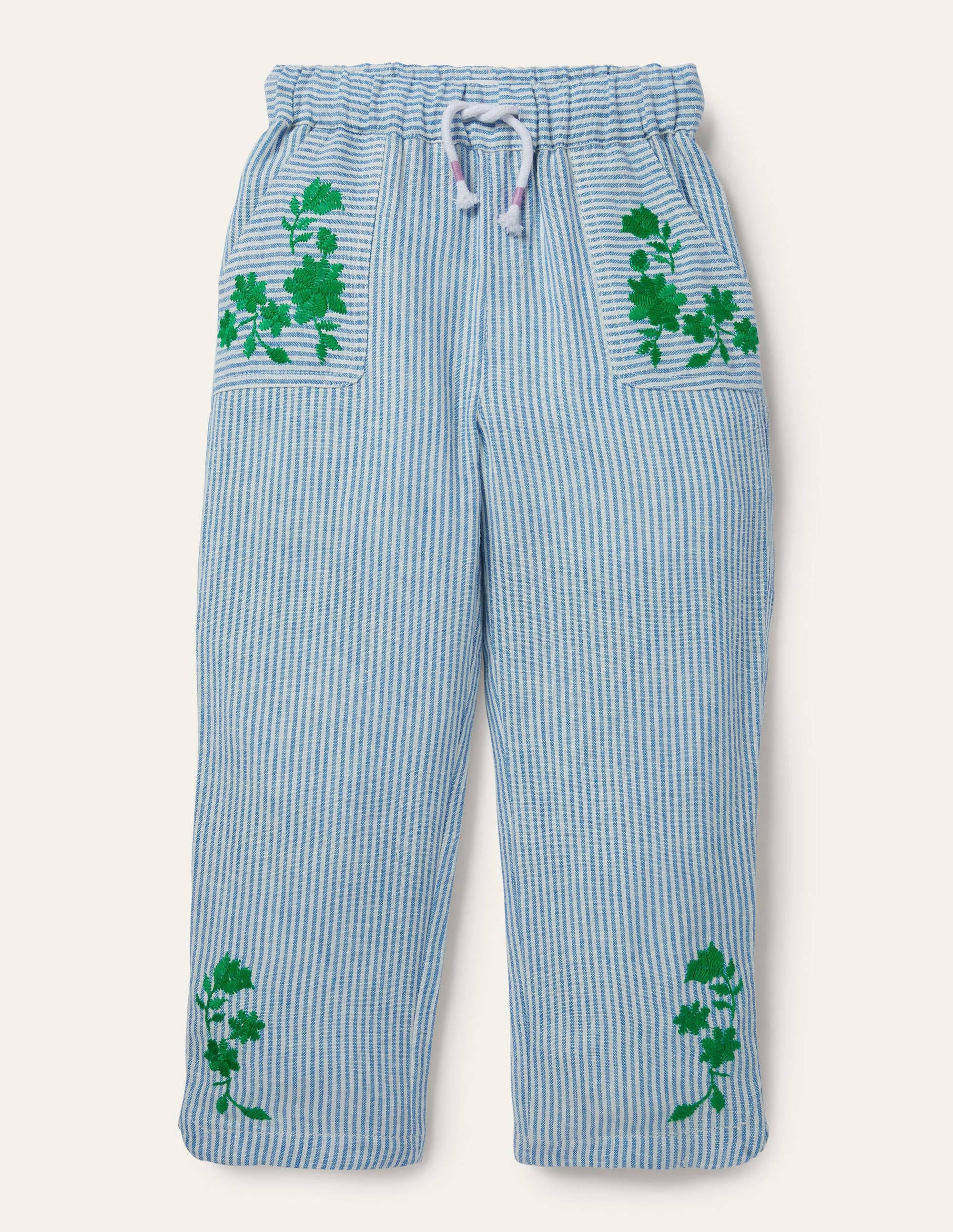 Embroidered Holiday Trousers-Ivory/Coastal Blue Ticking - Image 1