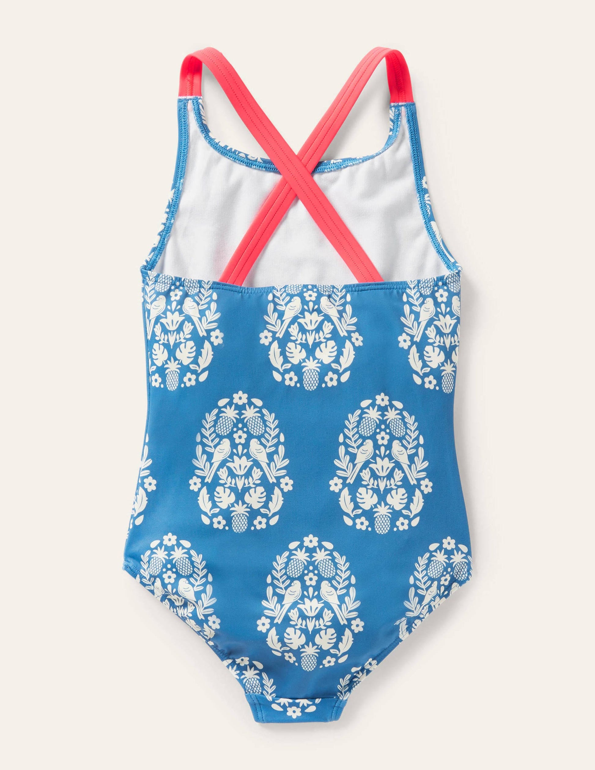 Cross-back Printed Swimsuit-Marine Blue Tropical Woodblock-2