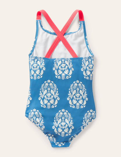 Cross-back Printed Swimsuit-Marine Blue Tropical Woodblock-2