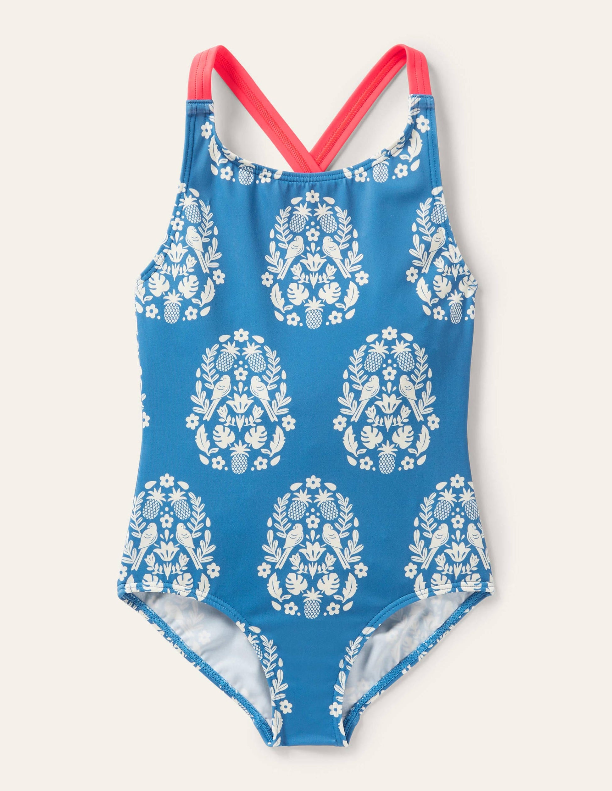 Cross-back Printed Swimsuit-Marine Blue Tropical Woodblock-1