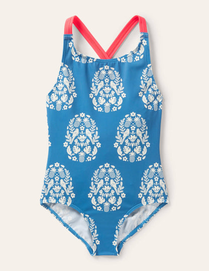 Cross-back Printed Swimsuit-Marine Blue Tropical Woodblock-1