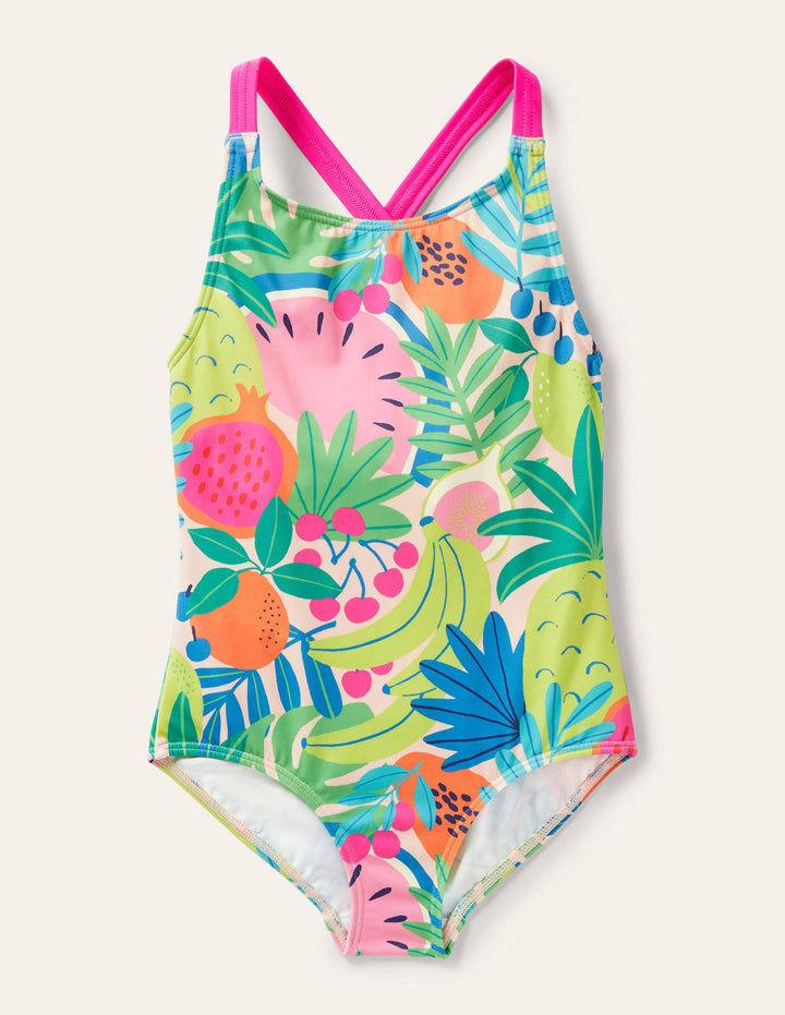 Cross-back Printed Swimsuit-Multi Tropical Fruit