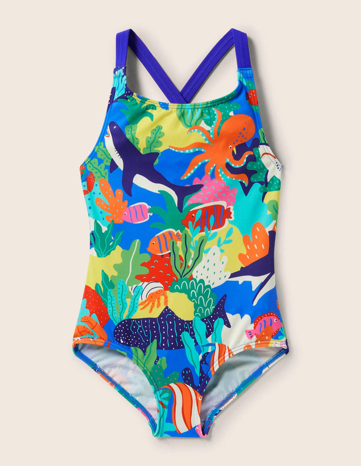 Cross-back Printed Swimsuit-Multi Rainbow Reef