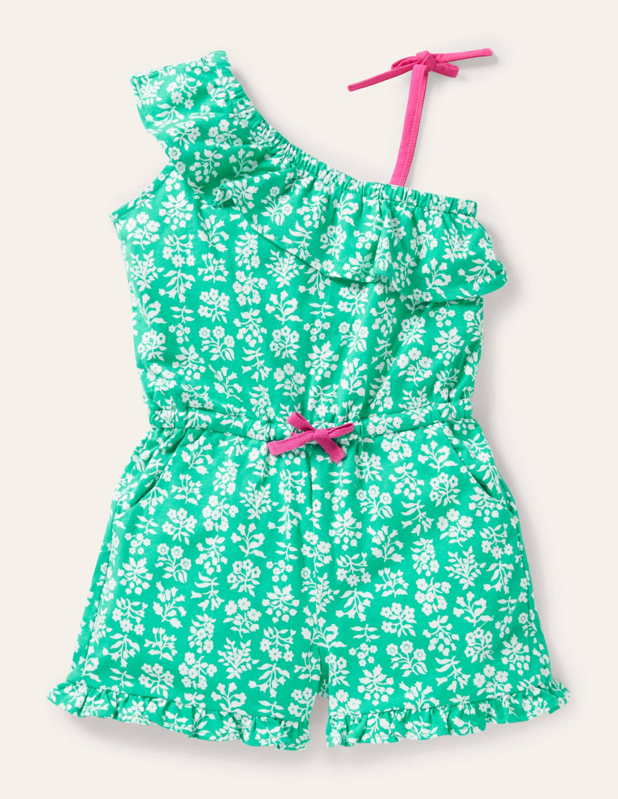 Jersey One Shoulder Playsuit-Tropical Green Woodblock - Image 1