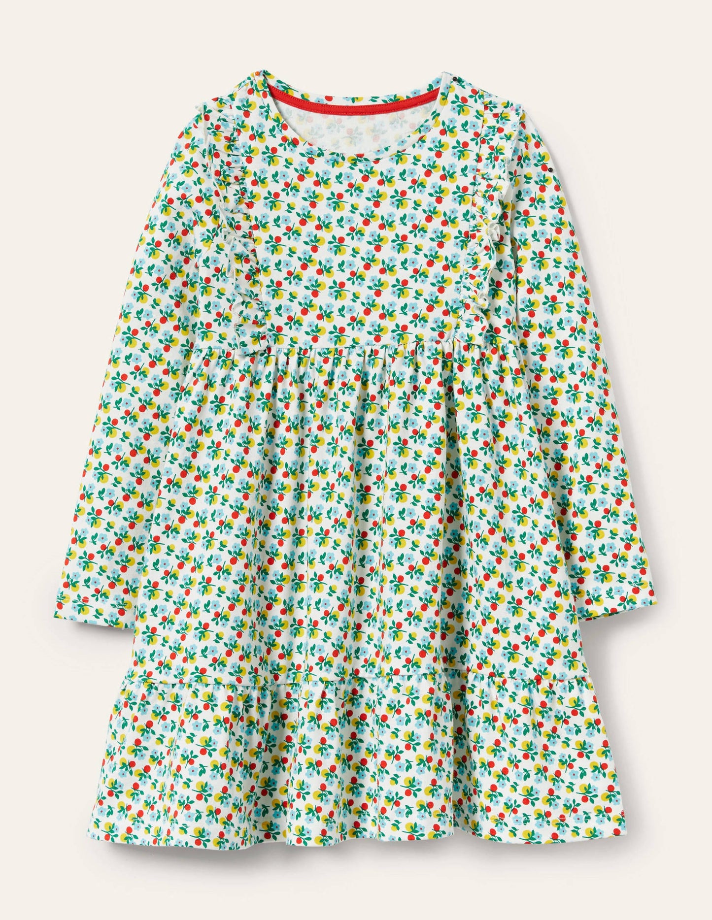 Frill Tiered Jersey Dress-Ivory Berry Blossom