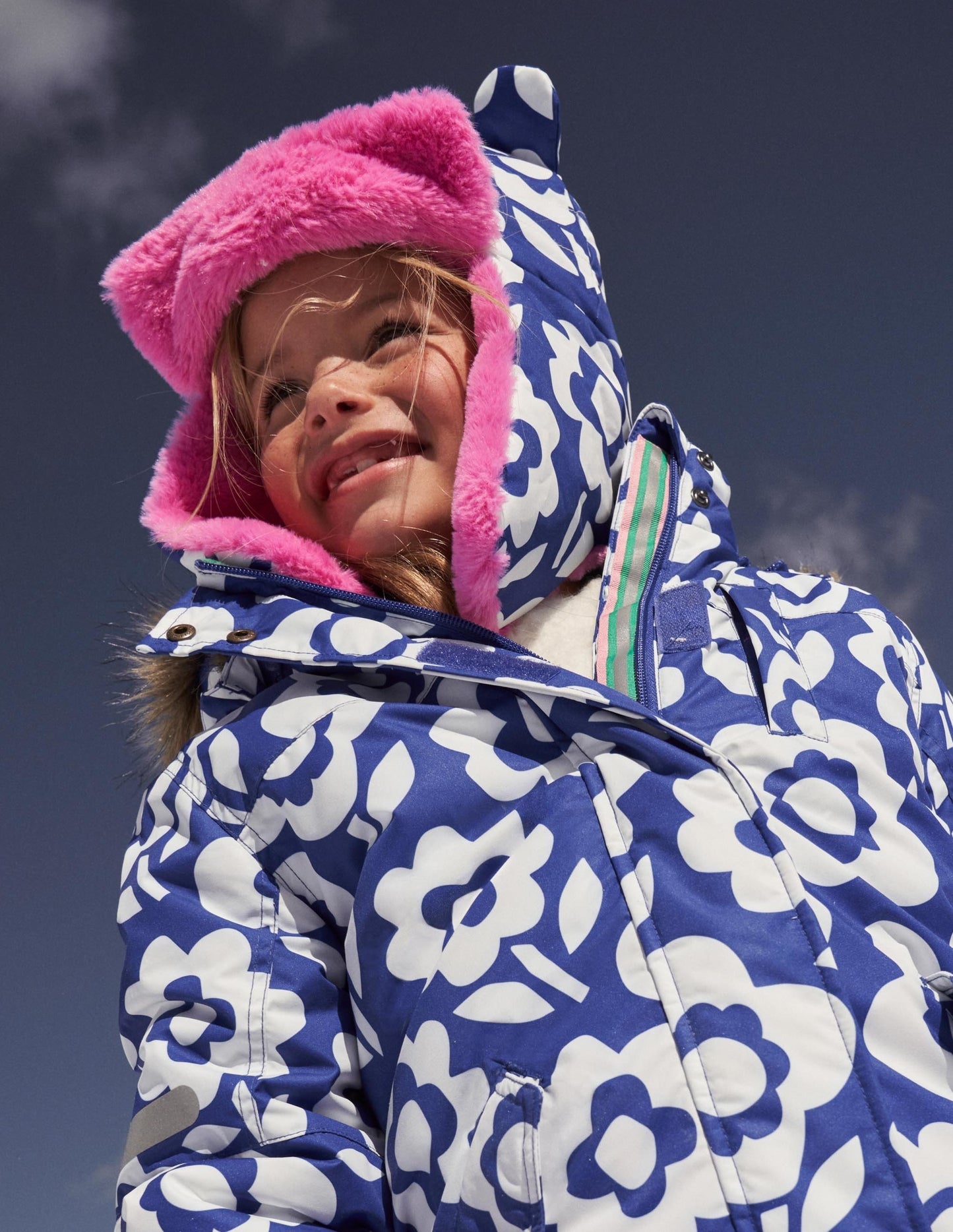 Ear Flap Hat-Blue/Ivory Floral