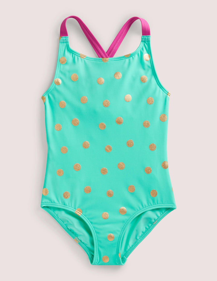Cross-back Printed Swimsuit-Light Green Gold Foil Spot