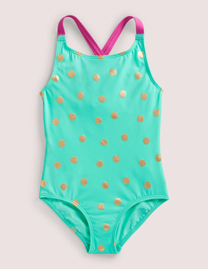 Cross-back Printed Swimsuit-Light Green Gold Foil Spot-1