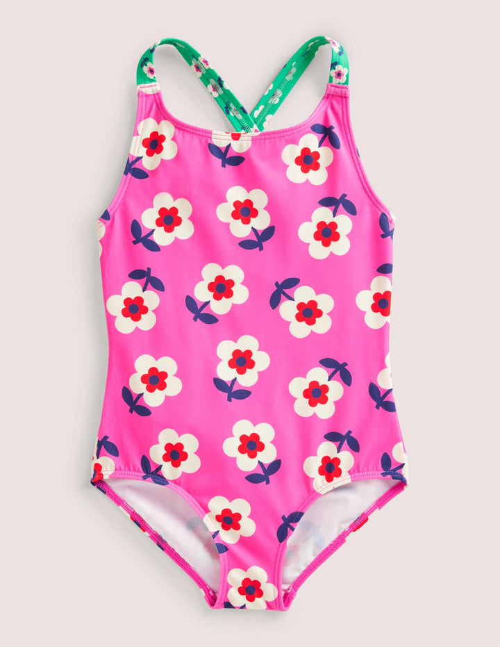 Cross-back Printed Swimsuit-Tickled Pink Daisy