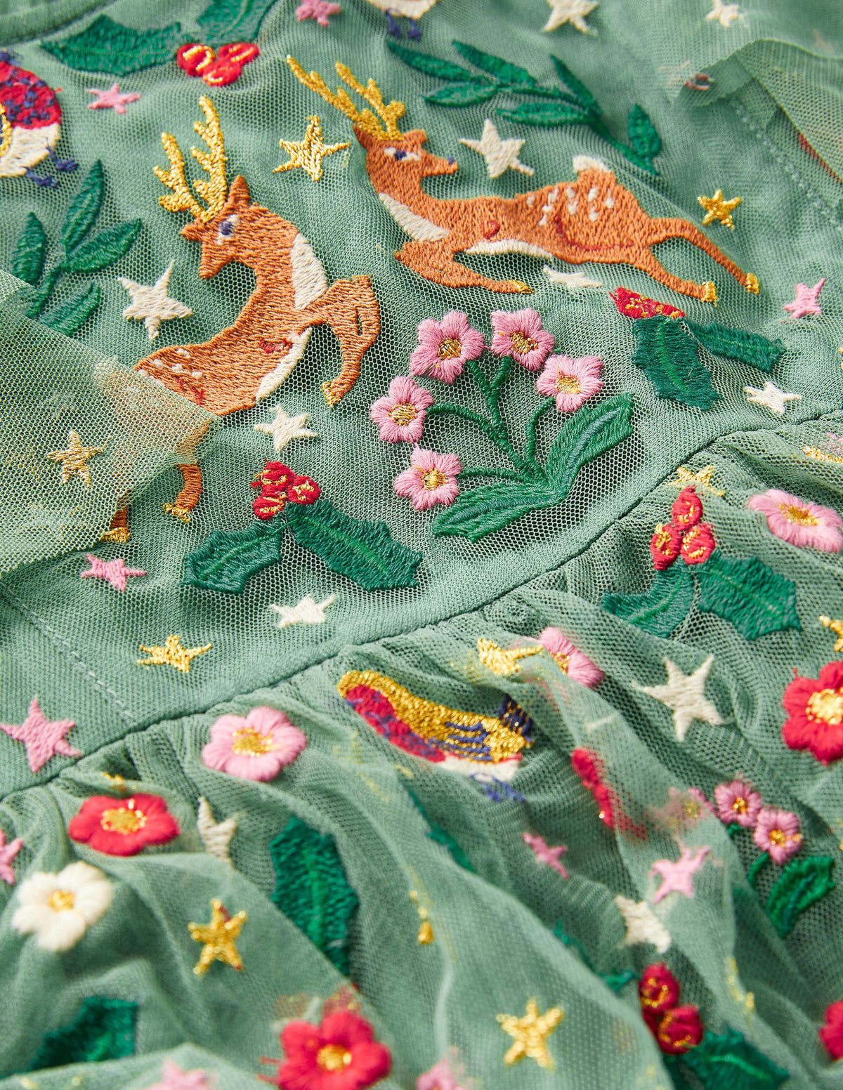 Green Frill Sleeve Tulle Embroidered Party Dress-Csarite Green Festive - Image 2