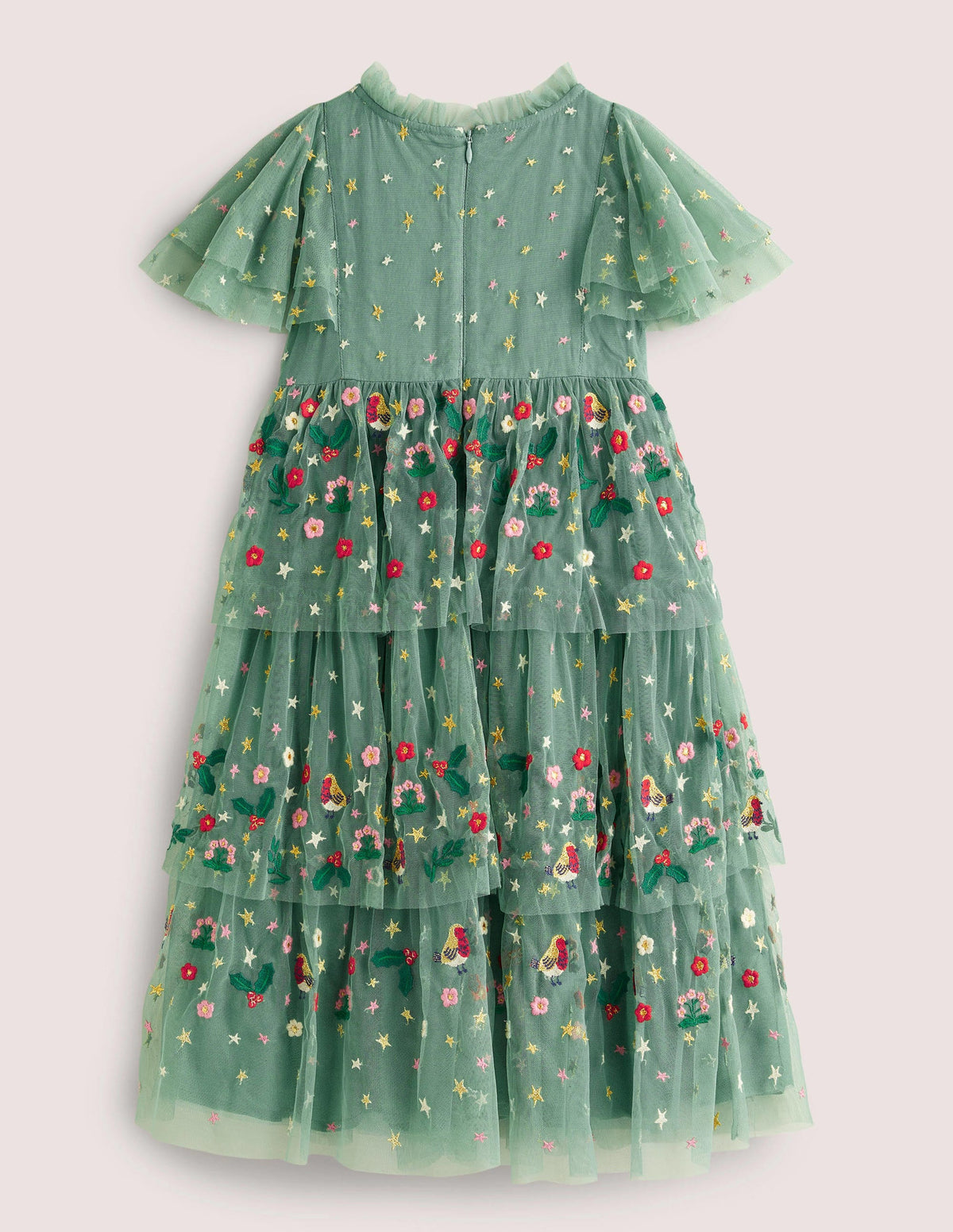 Green Frill Sleeve Tulle Embroidered Party Dress-Csarite Green Festive - Image 3