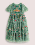 Green Frill Sleeve Tulle Embroidered Party Dress-Csarite Green Festive