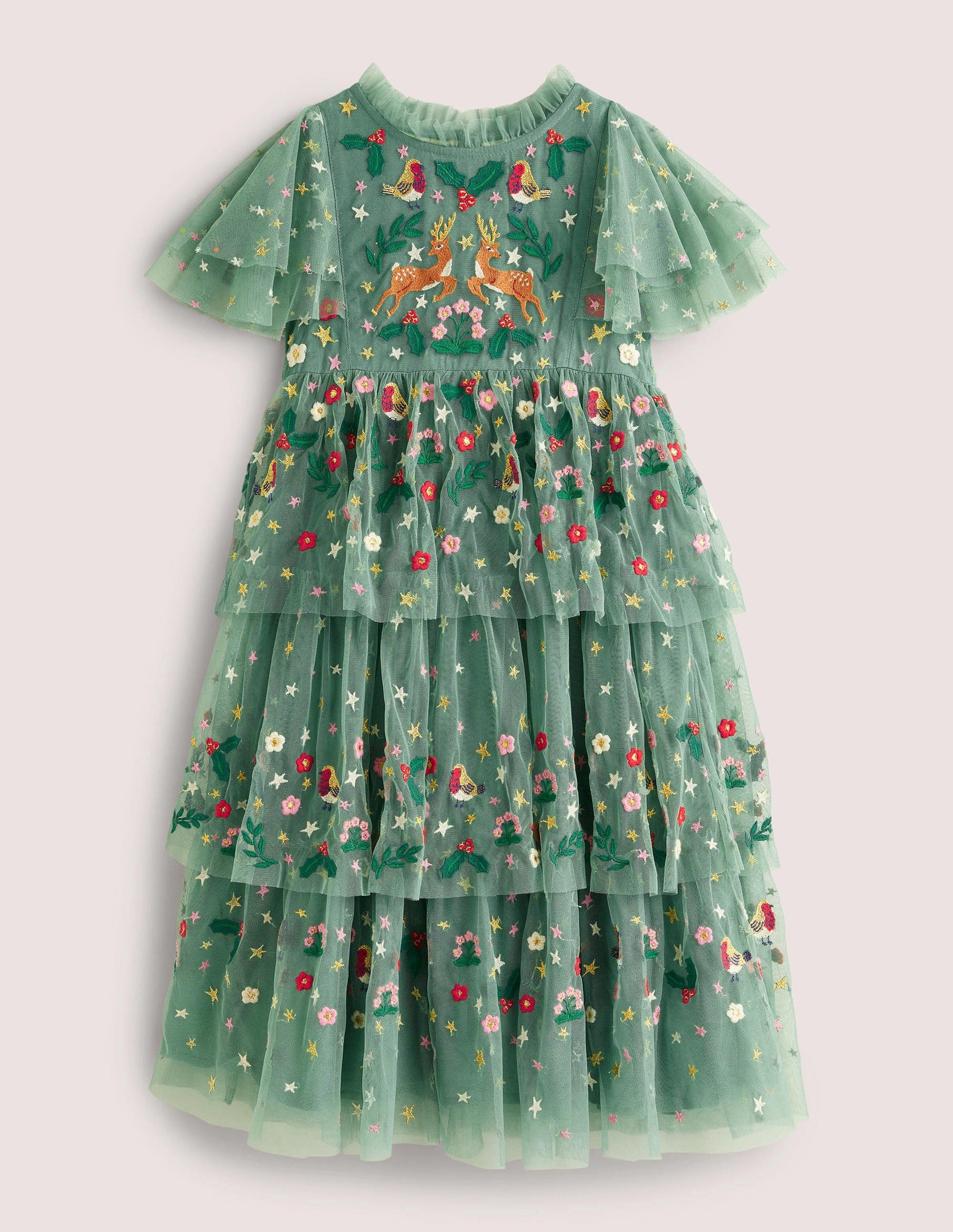 Green Frill Sleeve Tulle Embroidered Party Dress-Csarite Green Festive-1
