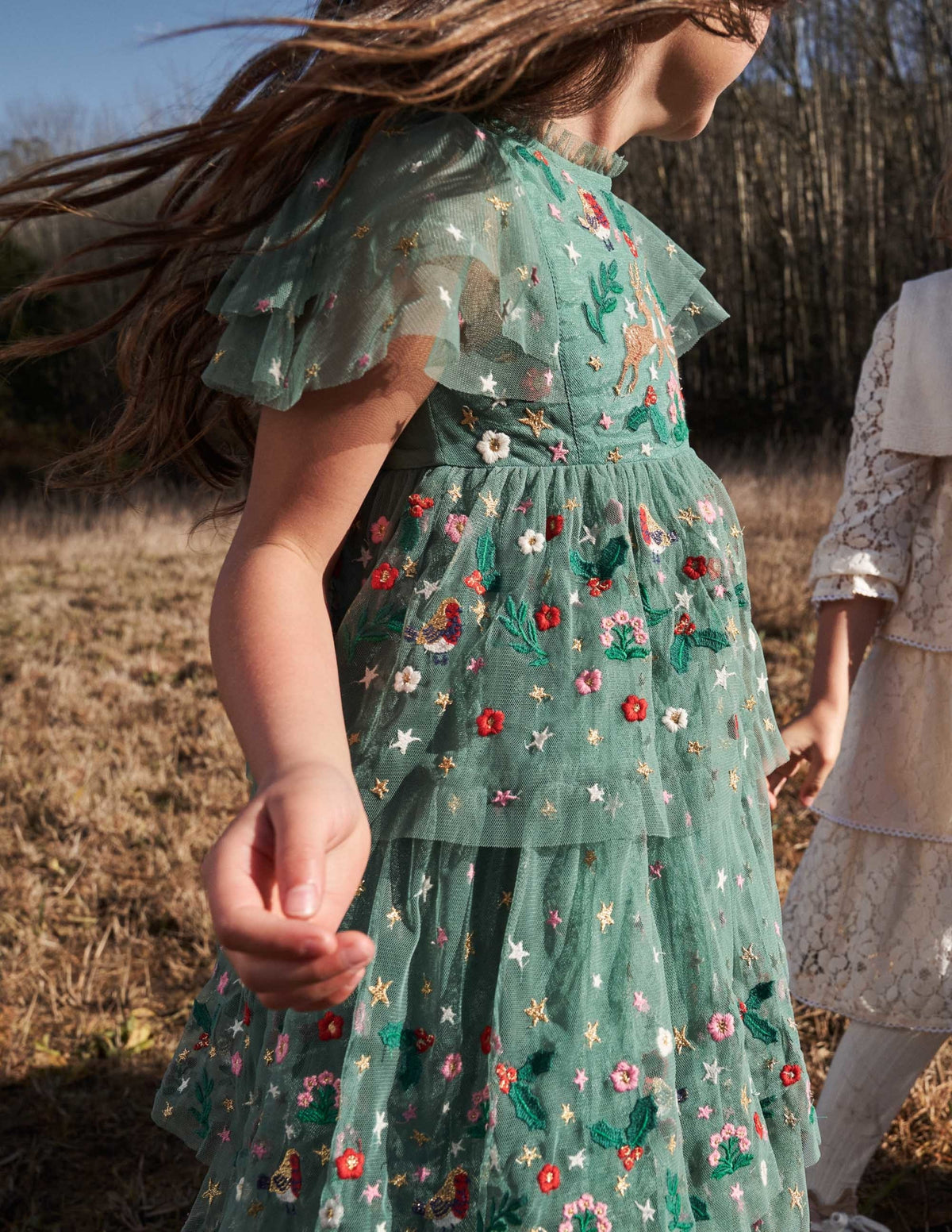 Green Frill Sleeve Tulle Embroidered Party Dress-Csarite Green Festive - Image 6