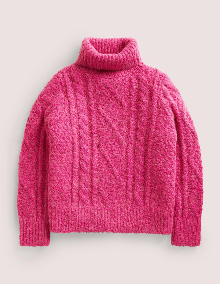 Chunky Cable Roll Neck Jumper-Shocking Pink Cable