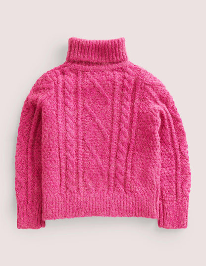 Chunky Cable Roll Neck Jumper-Shocking Pink Cable