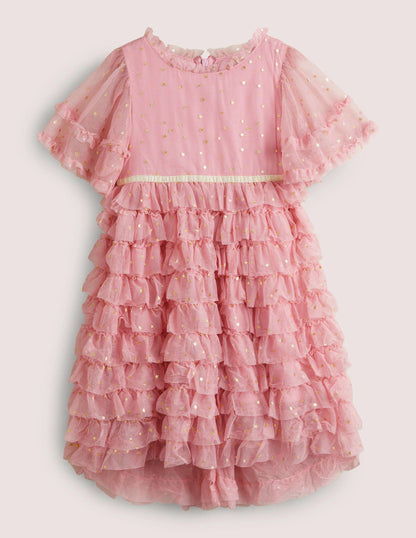 Pink Gold Star Print Ruffle Tulle Party Dress-Cameo Pink-1