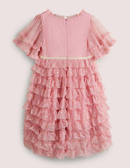 Pink Gold Star Print Ruffle Tulle Party Dress-Cameo Pink-2