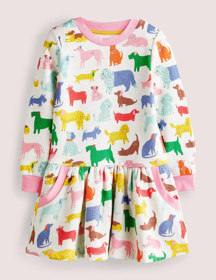 Cosy Printed Sweatshirt Dress-Oatmeal Marl Playful Pups