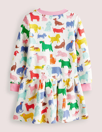 Cosy Printed Sweatshirt Dress-Oatmeal Marl Playful Pups-2
