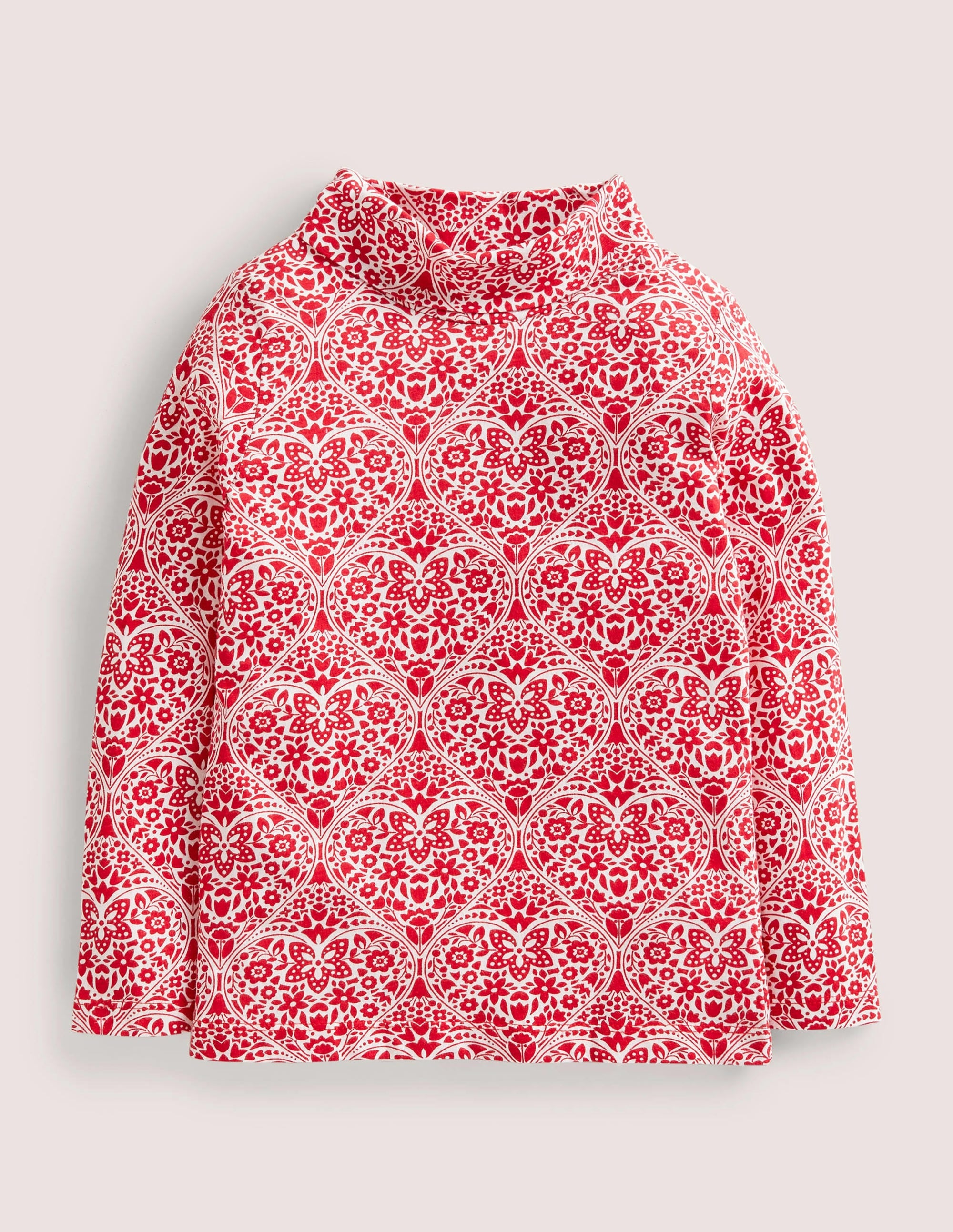 Roll Neck Supersoft T-shirt-Rockabilly Red Folk Hearts - Image 1
