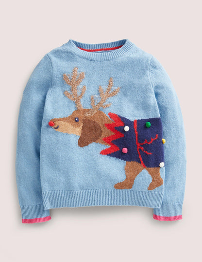 Blue Festive Dog Print Christmas Jumper-Dusty Blue Dog Cracker-1