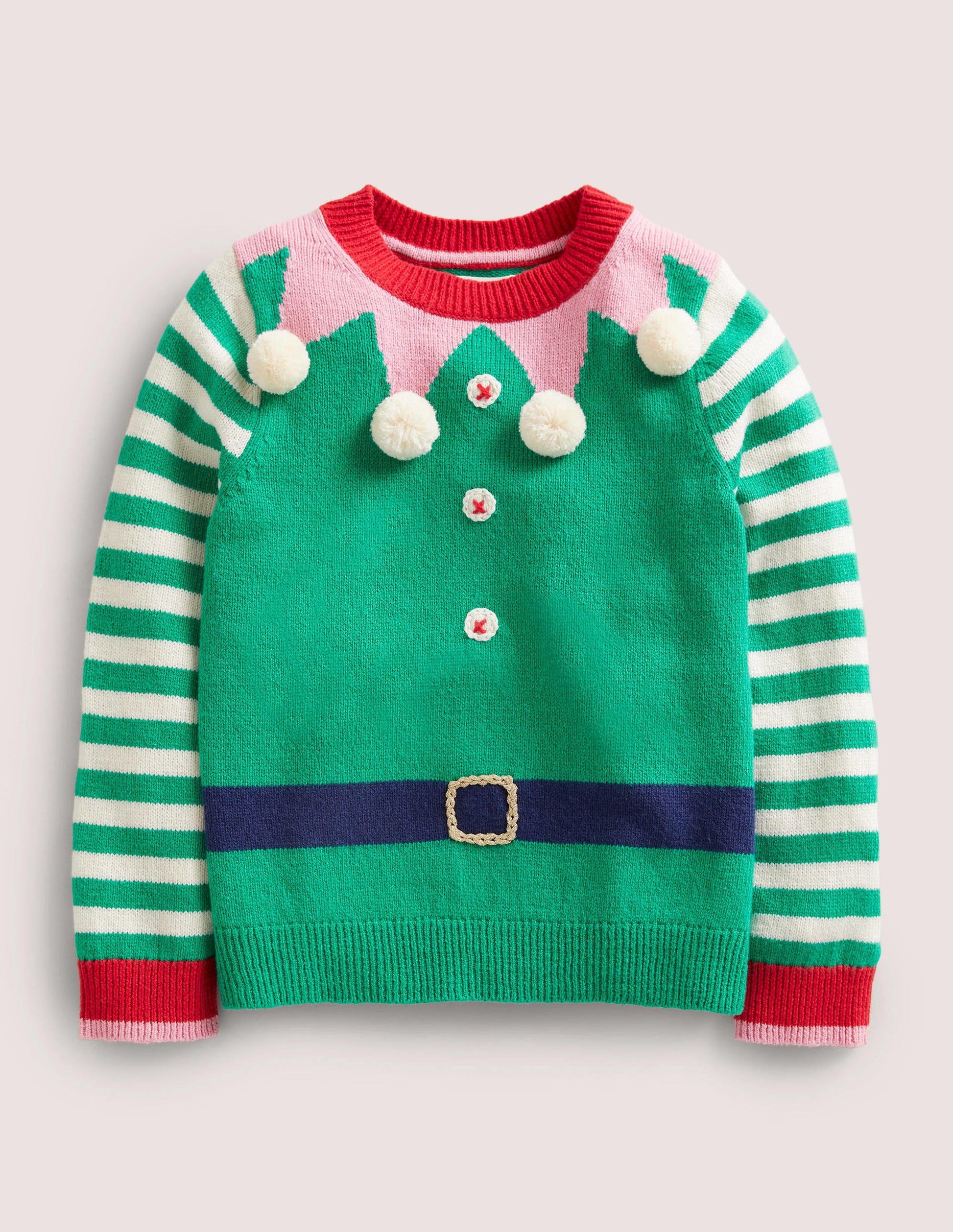 Green Stripe Elf Pompom Christmas Jumper-Green Pepper Elf-1