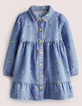 Long Sleeve Denim Dress-Mid Vintage Denim Flowers