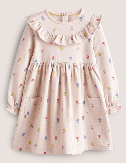 Jersey Yoke Dress-Oatmeal Marl Little Flowers-1