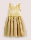 Jersey Tulle Mix Dress-Gold
