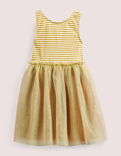Jersey Tulle Mix Dress-Gold-1