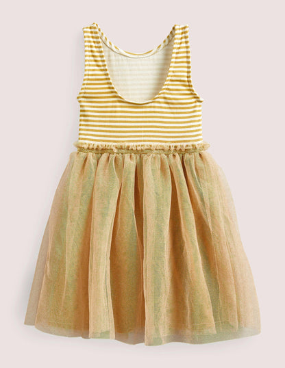Jersey Tulle Mix Dress-Gold-2