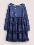 Long Sleeve Jersey Tulle Dress-Starboard Blue/Gold Spot