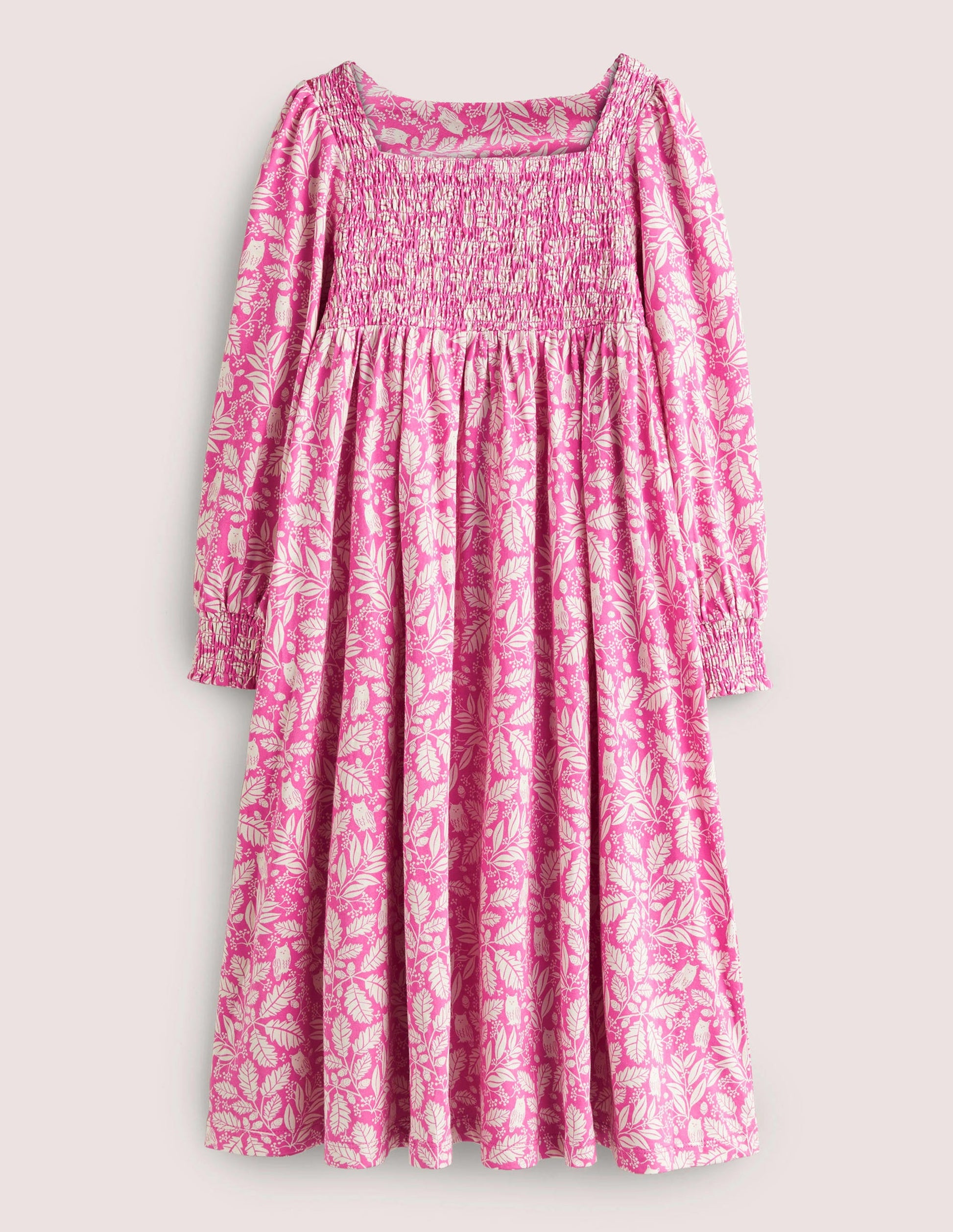 Smocked Bodice Trapeze Dress-Tickled Pink Owl Toile-1