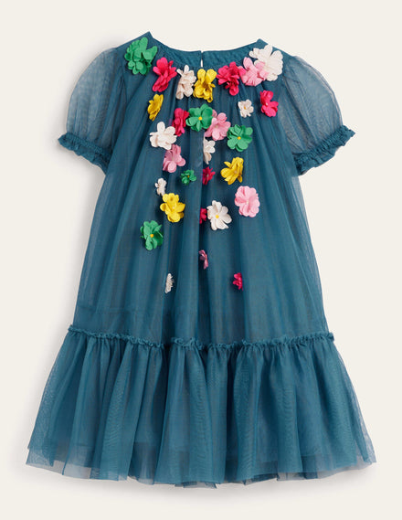 A line Flutter Flower Dress-Baltic Blue