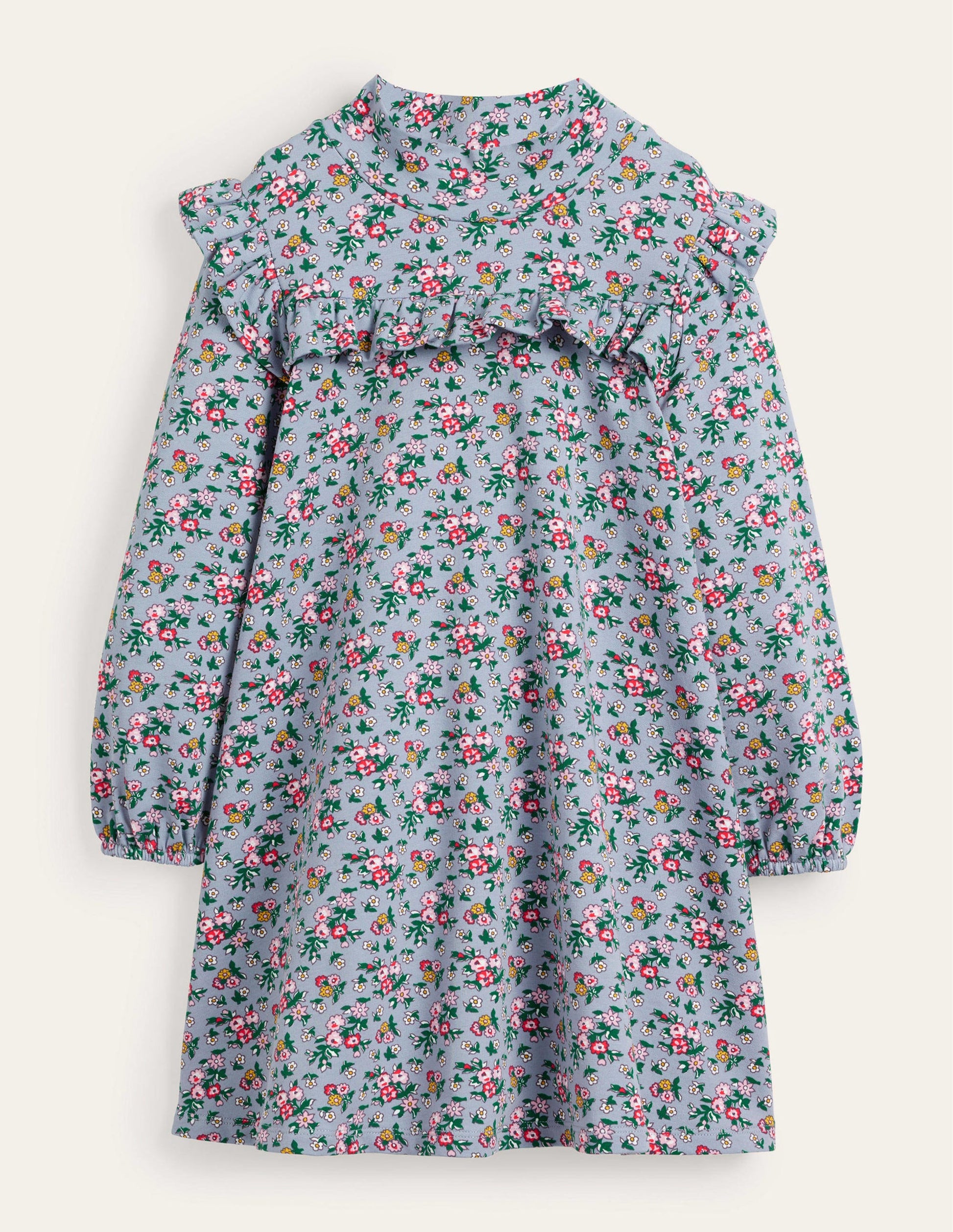 Roll Neck Midi Dress-Dusty Blue Flower Bouquet-1