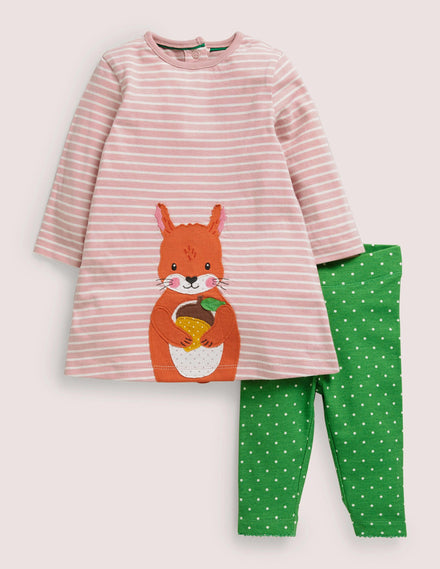 Appliqué Dress and Legging Set-Boto Pink/Ivory Squirrel