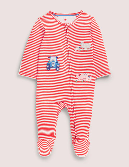 Appliqué Zip Sleepsuit-Ivory/Jam Farm-1