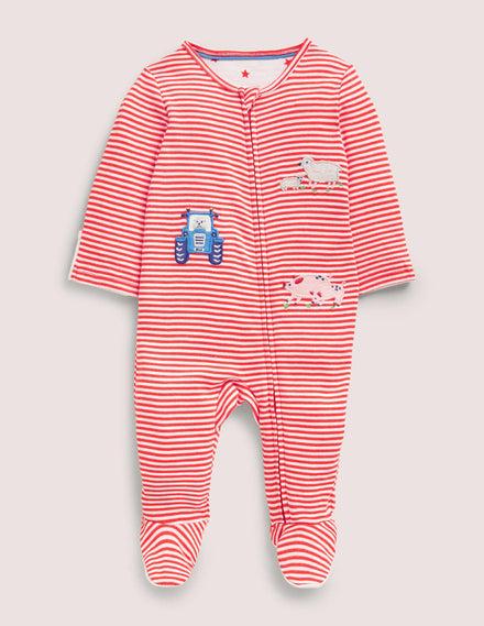 Appliqué Zip Sleepsuit-Ivory/Jam Farm