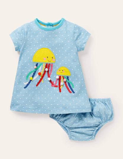 Appliqué Jersey Dress-Ivory/Aqua Jellyfish-4